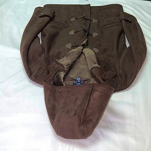 Chaps dark brown suede hooded jacket with fake fur lining, toggle buttons, Sz M